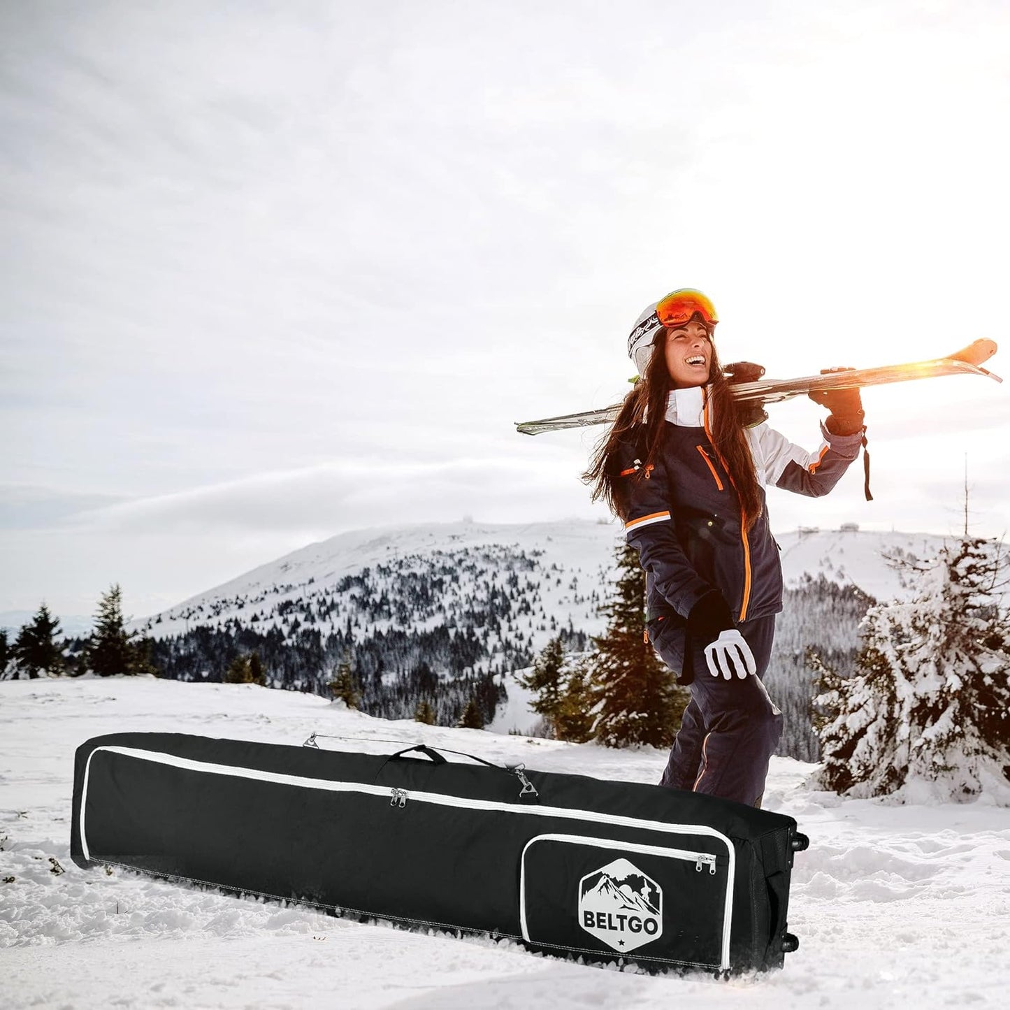 BeltGo Rolling Ski/Snowboard Bag with Wheels for Air Travel - Holds 2 Pairs of Skis