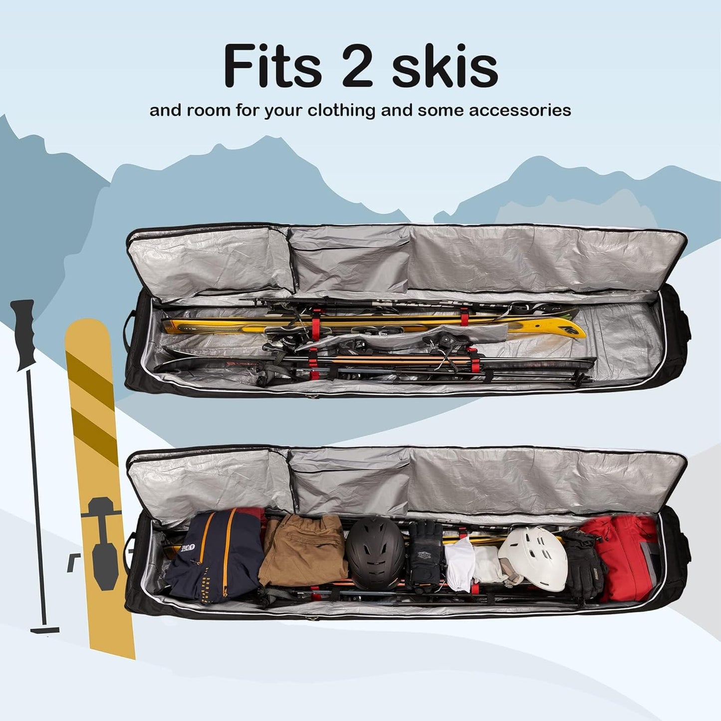 BeltGo Rolling Ski/Snowboard Bag with Wheels for Air Travel - Holds 2 Pairs of Skis
